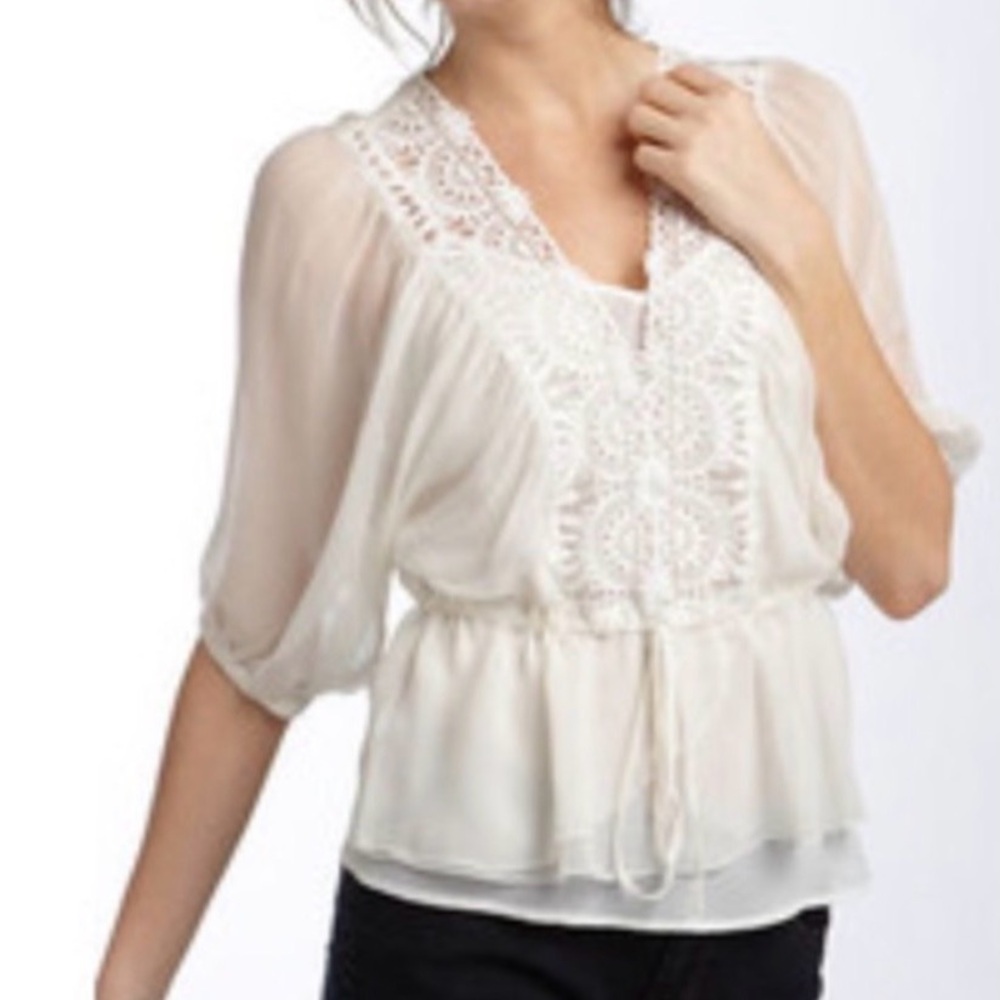 Sheer Embroidered V-Neck Tie-Waist Top - Ivory - Picture 2 of 10